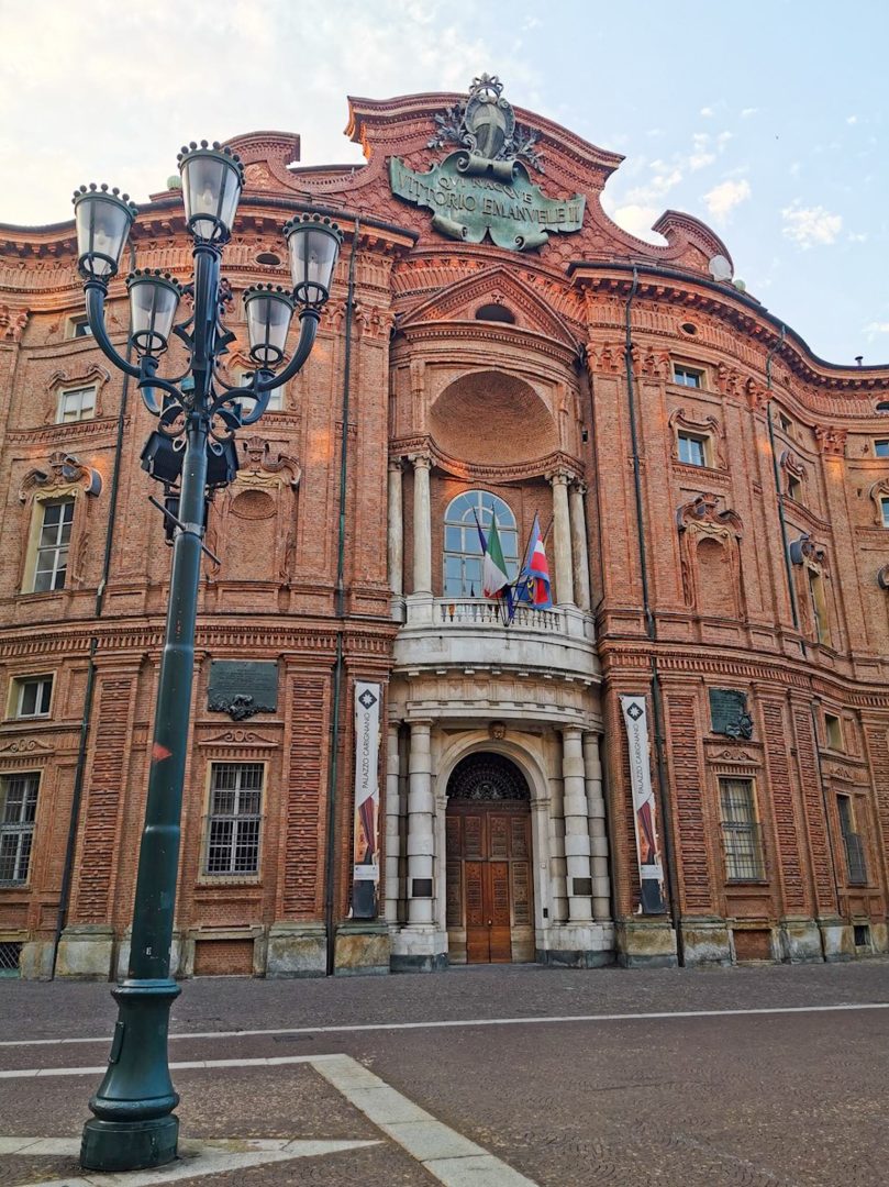 The facade of Carignano Palace in Piazza Carignano, one of Turin's most beautiful squares