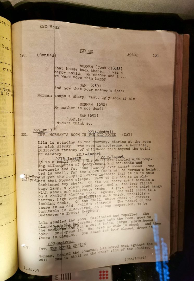 A page from the original script of the movie Psycho on display at Turin's National Museum of Cinema